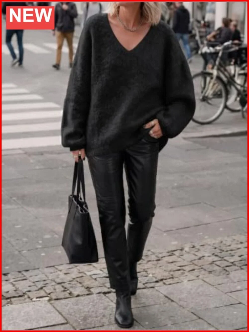 Oversized Chunky Knit V Neck Lantern Sleeve Slouchy Pullover Sweater